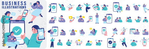 スマホを操作する人々のイラストセット
