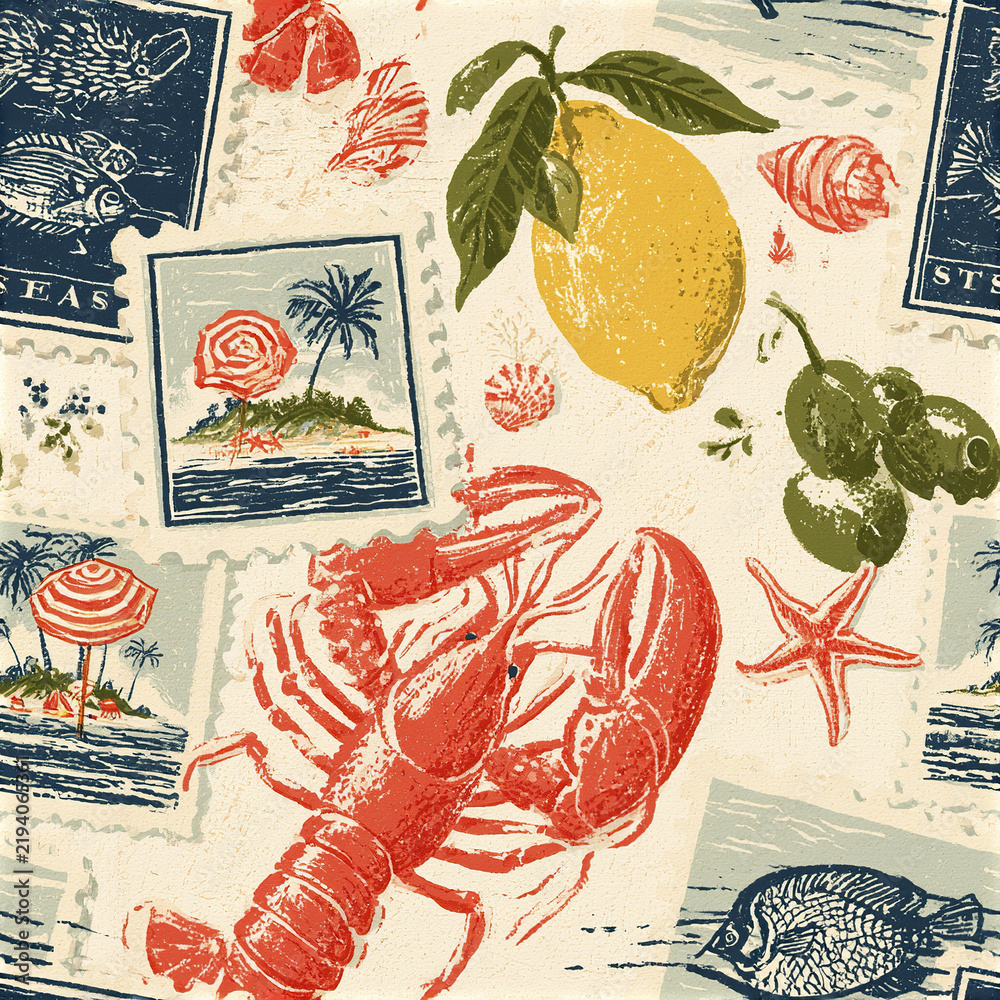 Obraz premium Retro seaside postage stamp pattern with lobster, lemon, starfish, seashells, and tropical island illustrations vintage style