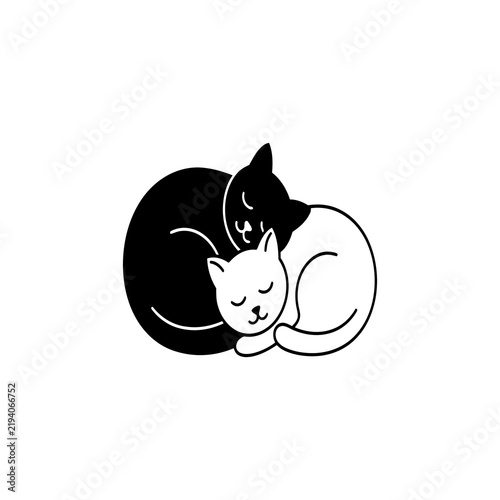Minimalist black and white vector illustration of two cute cats cuddling and sleeping together peacefully