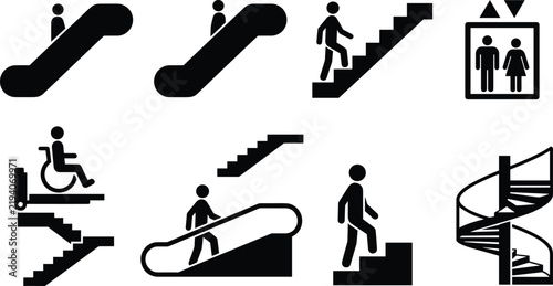 Vector collection of elevator escalator and stairs icons featuring public navigation accessibility signs for building wayfinding design.