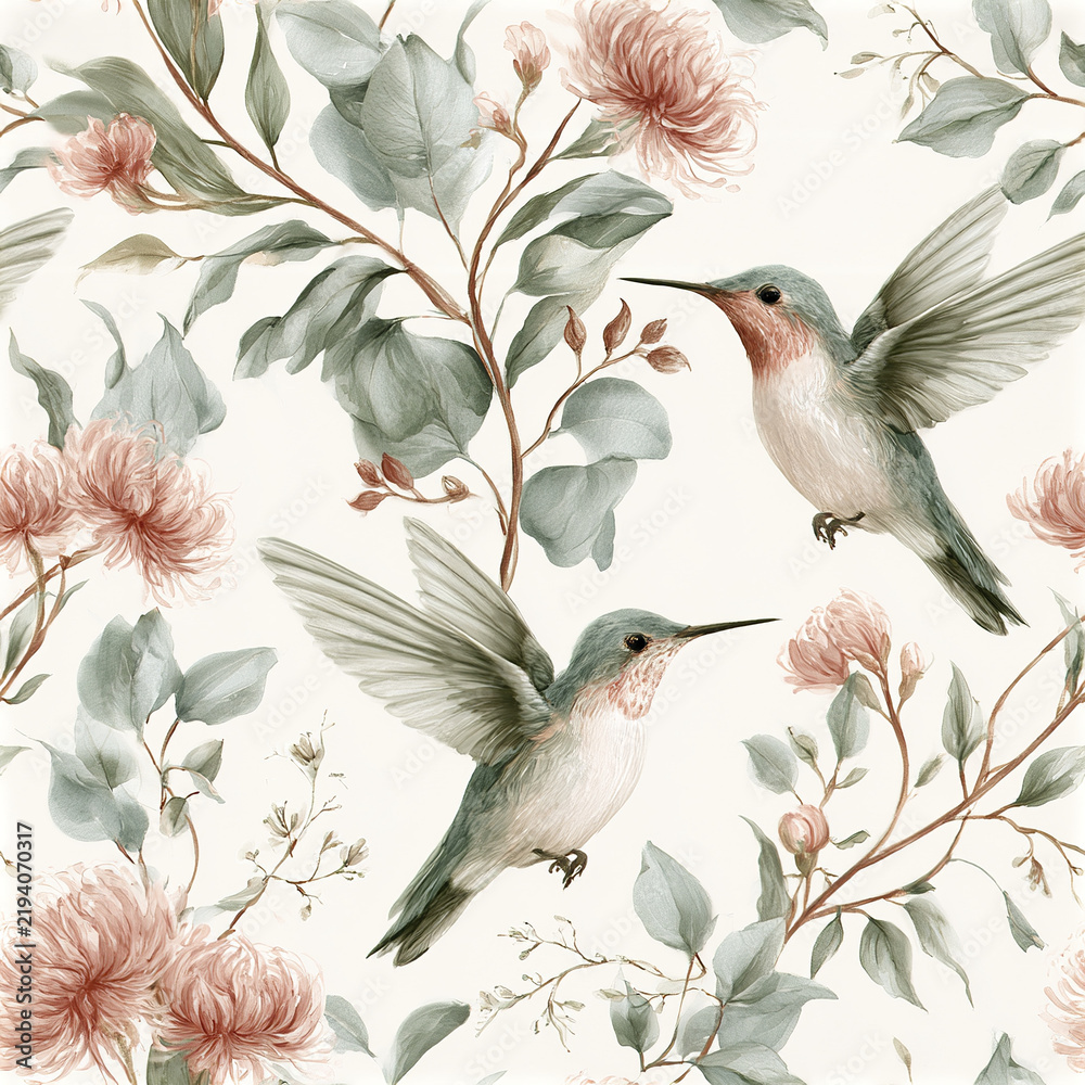 Obraz premium Romantic watercolor seamless pattern with tiny hummingbird and soft pink flowers creating delicate and peaceful nature scene