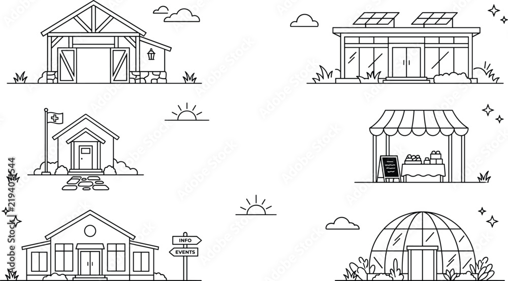 Obraz premium Rural Eco Farm Building Greenhouse Market Stall And Info Center Outline Vector Set