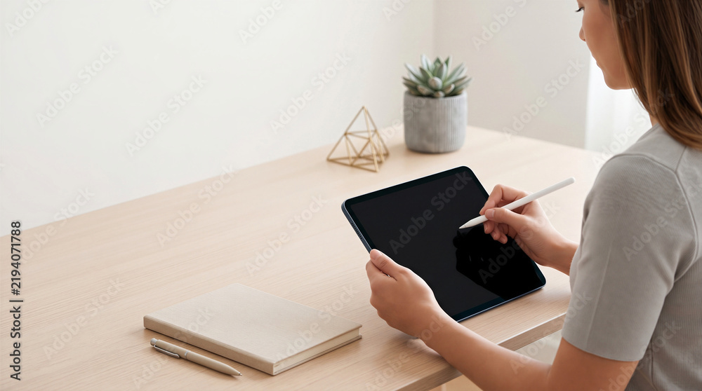 Obraz premium Woman working on a digital tablet using a pen at a minimalist wooden desk