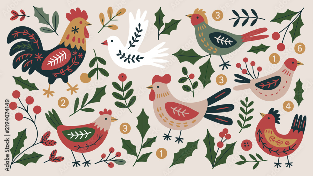 Obraz premium Folk art style christmas birds and holly leaves pattern, festive scandinavian winter illustration with decorative roosters and birds on a beige background