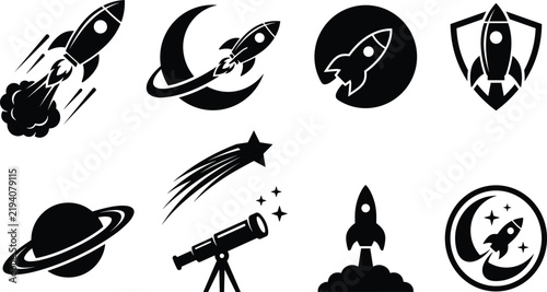 Space rocket launch silhouette icon set featuring spaceship moon telescope planet saturn shooting star and cosmic emblem logos vector