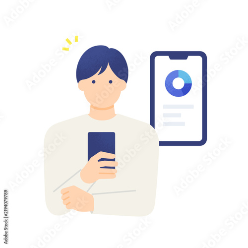 スマホの家計簿アプリで今月の収支を確認する男性 支出をグラフで管理する上半身イラスト素材