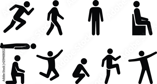 Stick figure human action pose icon set with running walking sitting jumping and standing pictograms vector