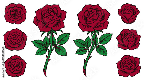 Red rose flowers and stems set in vintage style