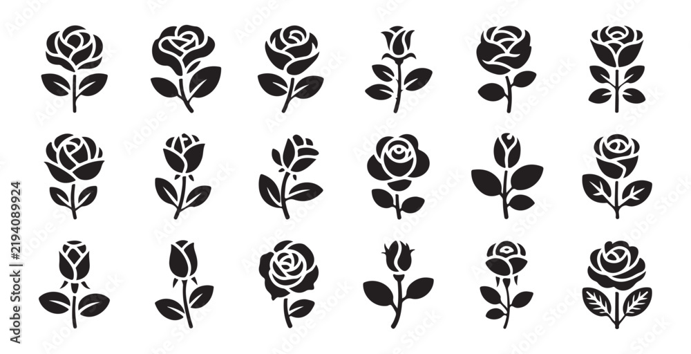 Obraz premium Collection of black rose icons and silhouettes for graphic design and decoration.