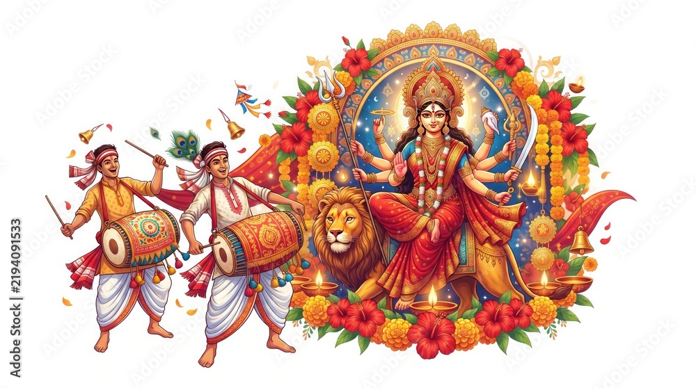 Fototapeta premium Durga Puja illustration with Goddess Durga on lion and traditional drummers