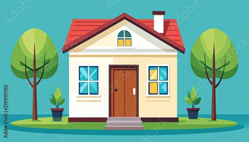 A flat vector illustration of a cozy suburban house with trees.