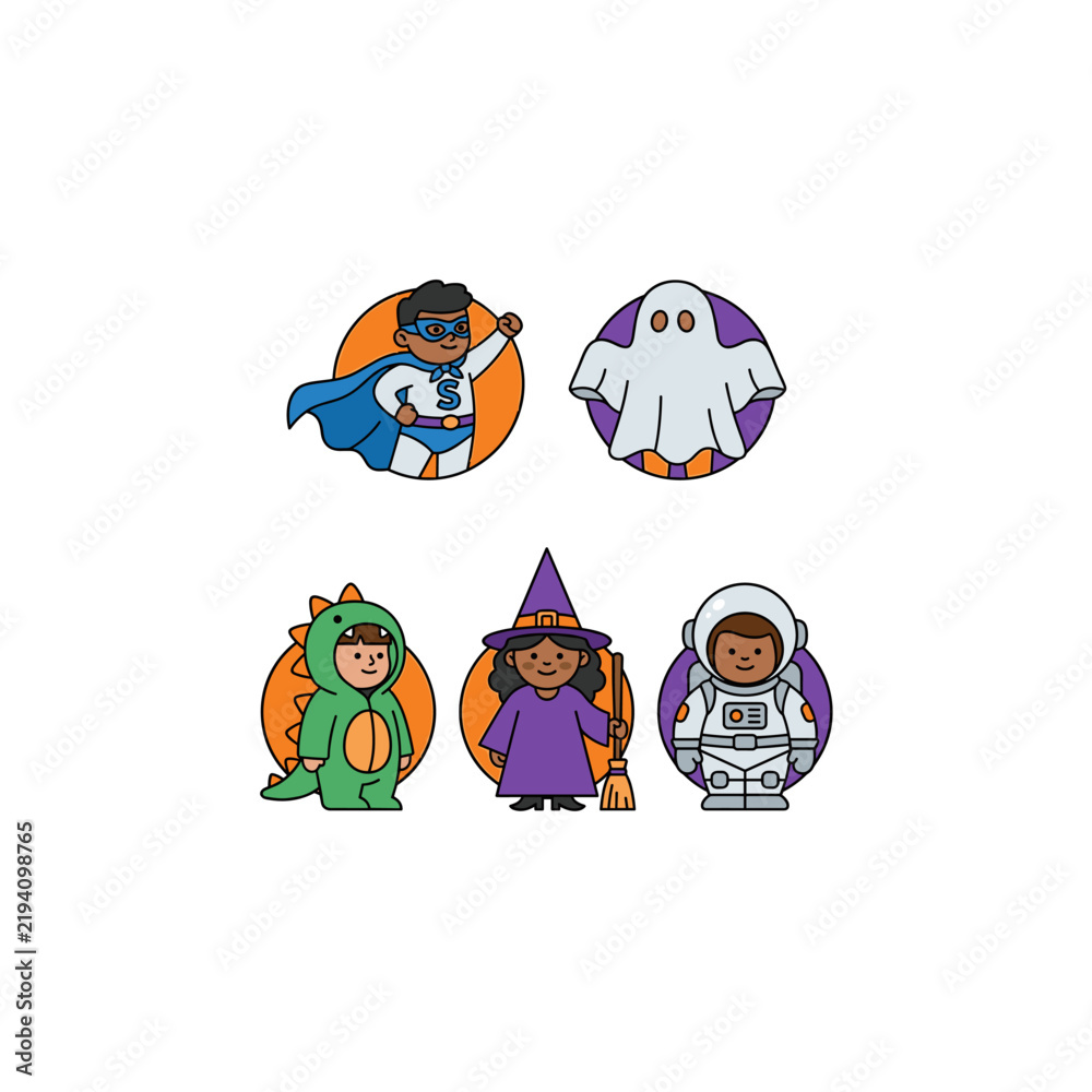 Fototapeta premium Set of cute diverse children wearing various colorful Halloween costumes for trick or treat.