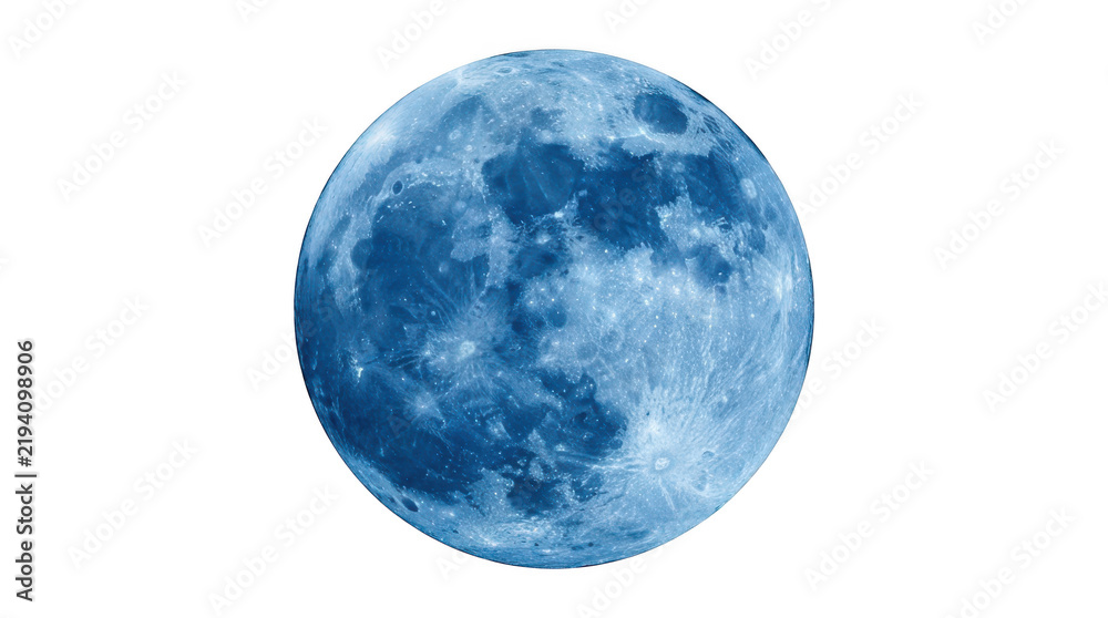 Fototapeta premium Full moon with detailed lunar surface texture, glowing in a deep blue hue, isolated on transparent background