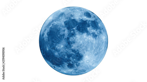 Full moon with detailed lunar surface texture, glowing in a deep blue hue, isolated on transparent background