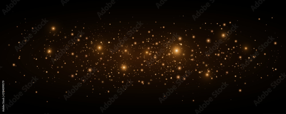 Obraz premium Golden magical lights with glowing bright particles on black background. Orange glittering dust for holiday, fantasy visuals or Christmas decorations. Vector illustration.