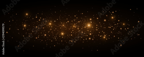 Golden magical lights with glowing bright particles on black background. Orange glittering dust for holiday, fantasy visuals or Christmas decorations. Vector illustration.