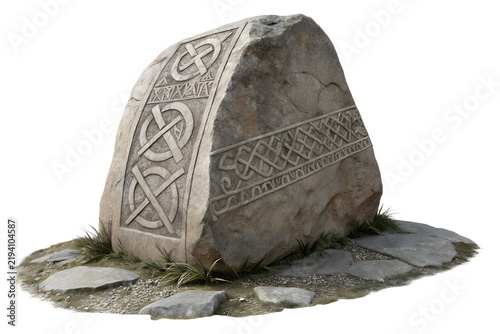 Ancient stone monument with viking celtic carvings isolated on white background isolated on transparent background