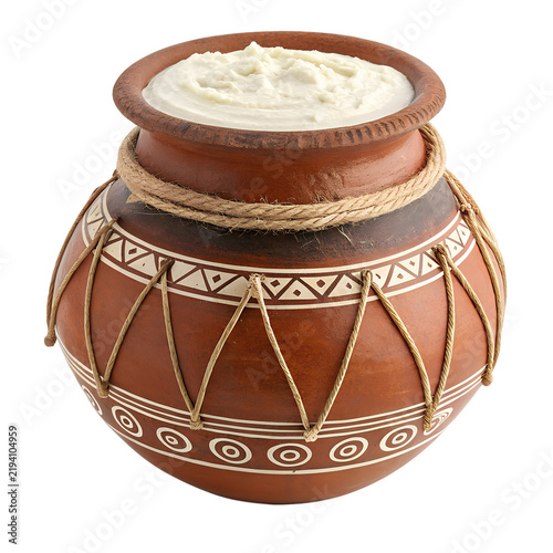 Traditional indian clay pot filled with fresh white butter or yogurt isolated on white background isolated on transparent background