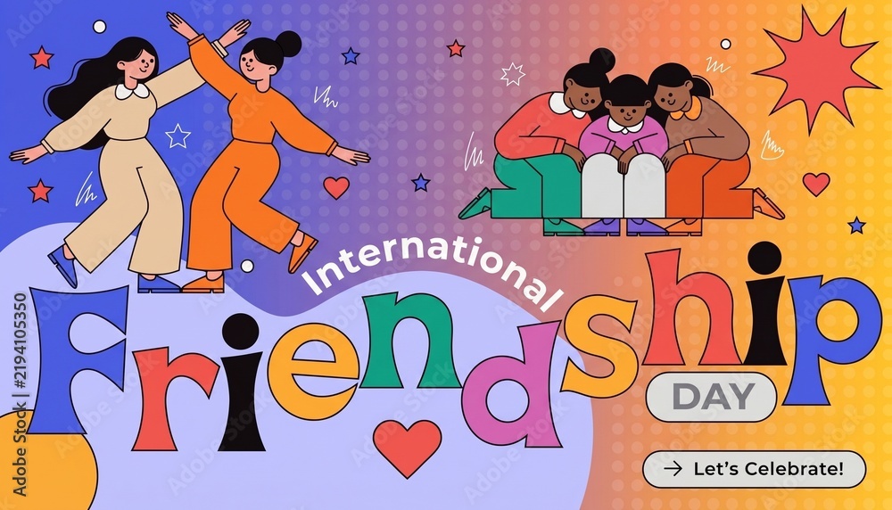 Fototapeta premium International Friendship Day 2026 Colorful Greeting Banner, Happy Diverse Girls Dancing and Sitting Together Retro Vector Illustratio