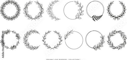 Elegant organic leaf circular borders collection showcasing botanical wreaths, foliage frames, and decorative design elements