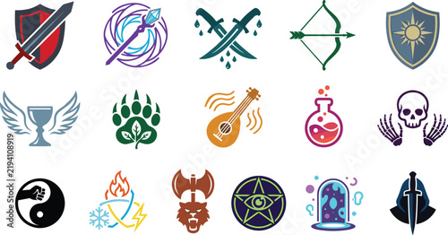 Canvas Print Fantasy roleplaying game class icon set featuring medieval weapons magic items s