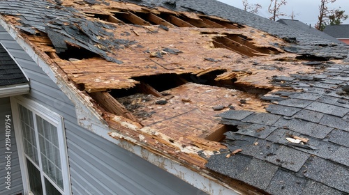 Damaged roof with broken shingles and exposed wood structure