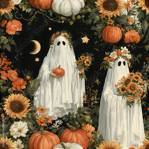 Vintage Halloween ghost with pumpkin and sunflower bouquet surrounded by autumn flowers and moonlight stars