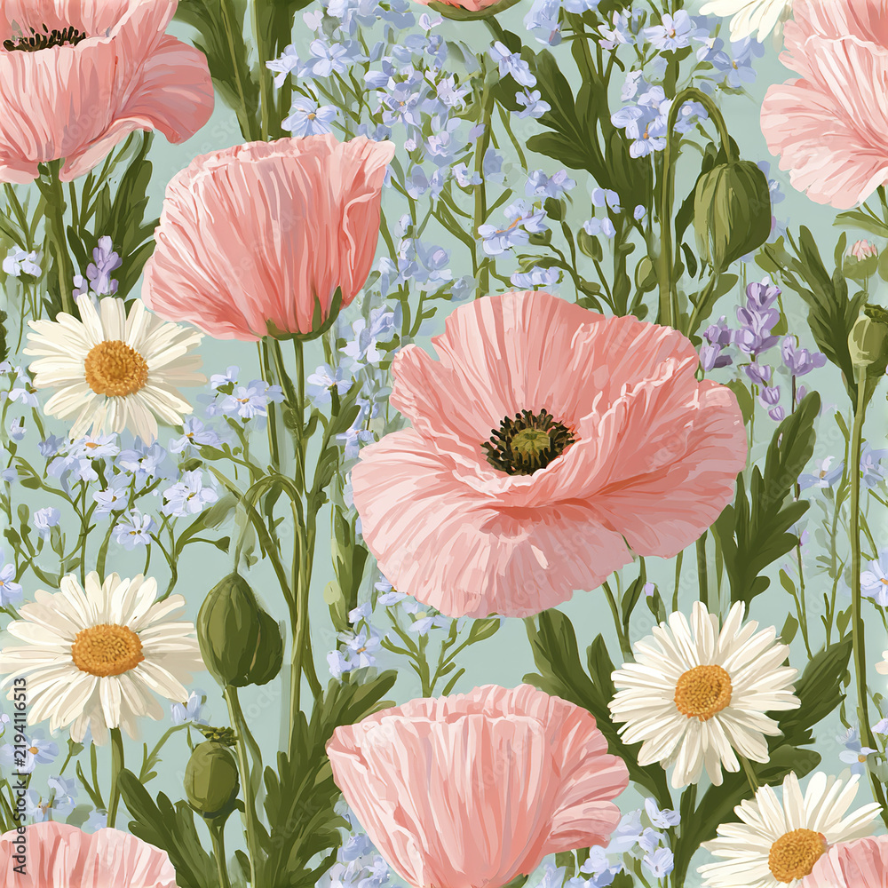 Obraz premium Whimsical botanical seamless pattern with tall pink poppy, white daisy, and delicate blue flowers soft green background
