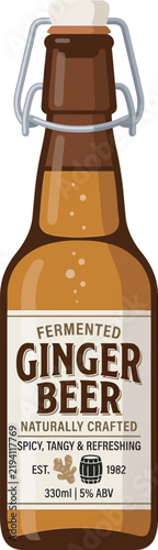 Fermented ginger beer brown glass bottle vector icon featuring a swing-top flip cap wire bale closure and vintage label art. Ideal flat graphic for craft beverage packaging, pub menus, and web UI.