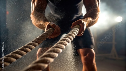 hyrox workout race concept. Athlete pulling battle ropes intensely in a gym with sweat and chalk dust visible in the air.