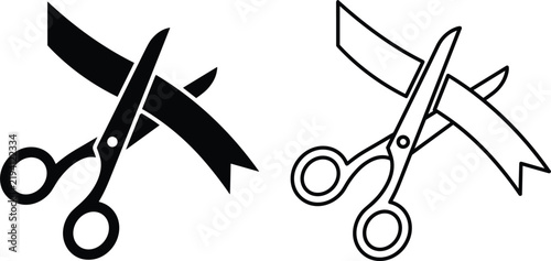 Scissors cutting red ribbon grand opening vector icon set featuring ceremonial launch event and inaugurate celebration symbols.eps