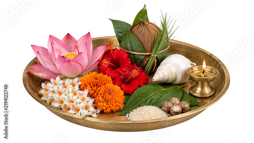 Traditional brass offering tray with lotus hibiscus marigold conch coconut rice and diya durga puja isolated on a transparent background