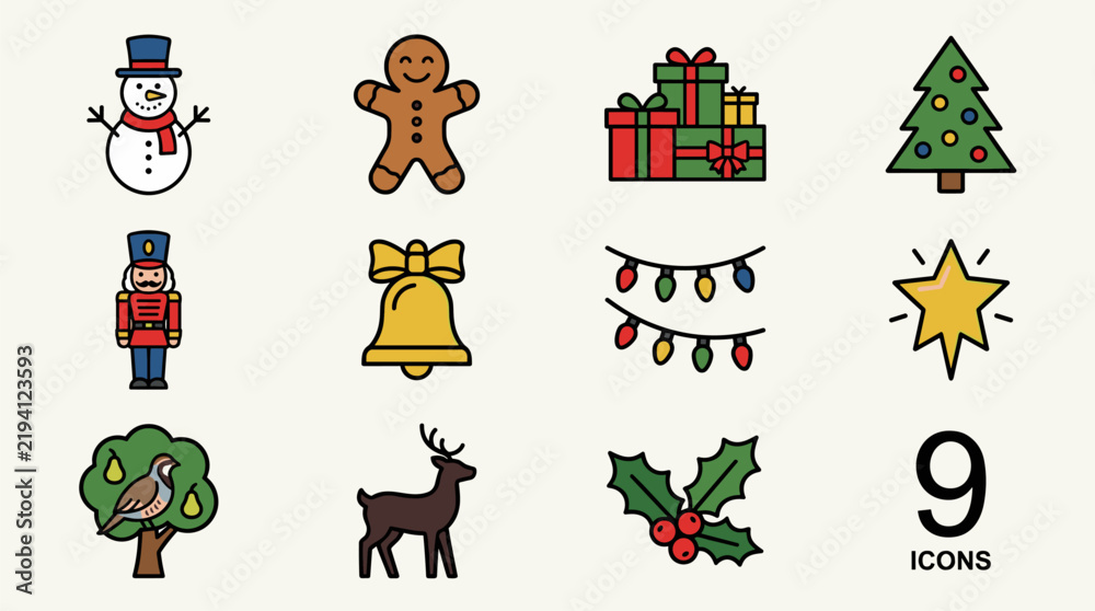 Fototapeta premium Flat design icon set for winter holidays, featuring snowman, gingerbread man, gifts, tree, nutcracker, bell, lights, star, bird, deer, holly.