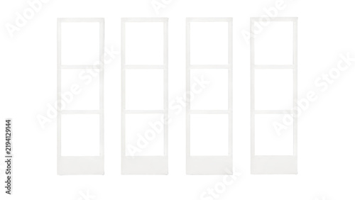 Four vertical white photo booth film strips isolated on transparent background