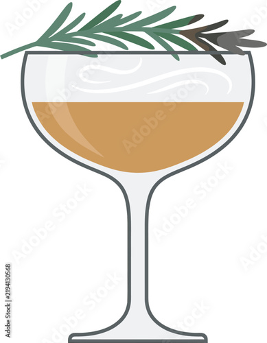 Elegant craft cocktail in a coupe glass vector icon featuring creamy foam head and fresh rosemary sprig garnish. Ideal flat graphic for bar menus, cocktail recipes, mixology blogs, and web UI design.
