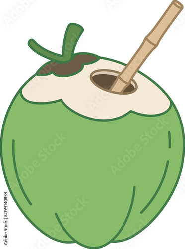 Fresh green coconut vector icon with drilled opening and inserted bamboo drinking straw. Ideal flat graphic for tropical drink menus, beach bar sites, recipe apps, summer resort branding, and web UI.