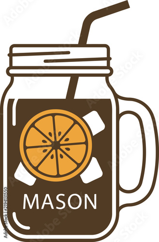 Mason jar iced coffee vector icon with drinking straw, ice cubes, and orange slice accent. Ideal flat graphic for cafe menus, summer drink blogs, recipe apps, cold brew branding, and web UI design.