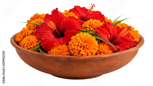 Terracotta bowl filled with hibiscus and marigold flowers for traditional hindu floral offering durga puja isolated on a transparent background