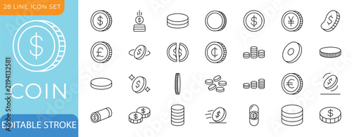 Coin Line Icon Set.Dollar,Euro,Cent,Stacks,Roll,Flip and Spin.Editable Vectors Illustration