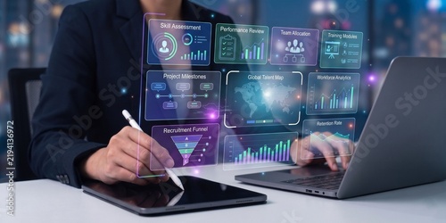 human resources management and talent analytics platform. holographic hr dashboard with skill assessment and performance review panels. professional using stylus pen on tablet in office.

