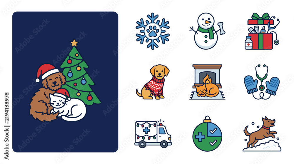 Obraz premium Cute flat design icon set for veterinary clinic and pet care, featuring animals, medical symbols, and holiday themes.