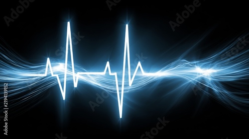 Abstract representation of heartbeat rhythm with glowing lines on dark background, symbolizing life, health, energy, and vitality in medical context