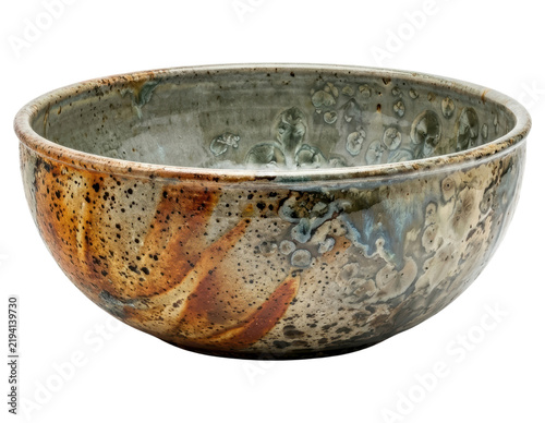 Rustic handmade ceramic bowl with crystalline glaze cut out on transparent background