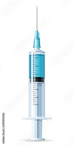 Realistic illustration of medical plastic syringe with sharp needle filled with blue liquid vaccine on plain white background healthcare injection medicine concept