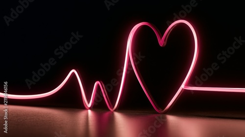 Neon heart shape with heartbeat graph in vibrant pink glowing light against dark background, symbolizing love, passion, and energy in modern art design.