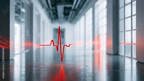 Abstract representation of heartbeat with red lines in a modern corridor showcasing health technology and medical themes in a contemporary environment