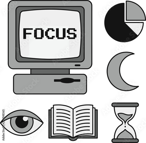 Vintage pixel computer focus screen and time management icons with eye, open book, hourglass, crescent moon and pie chart graphics