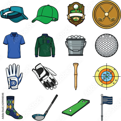 Collection of golf equipment and accessory icons including clubs, balls, apparel, and training tools for sports vector design projects