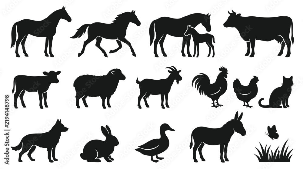 Obraz premium Farm animal silhouettes set, black livestock and domestic pet icons, 15 vector elements for agricultural branding and ranch signage