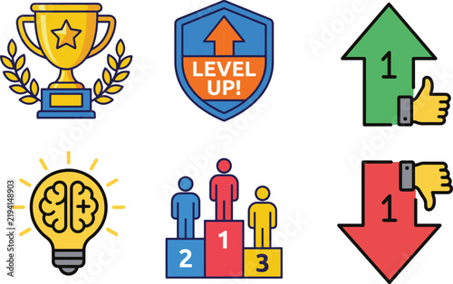 Achievement and gamification icon set featuring trophy winner podium level up and rating symbols